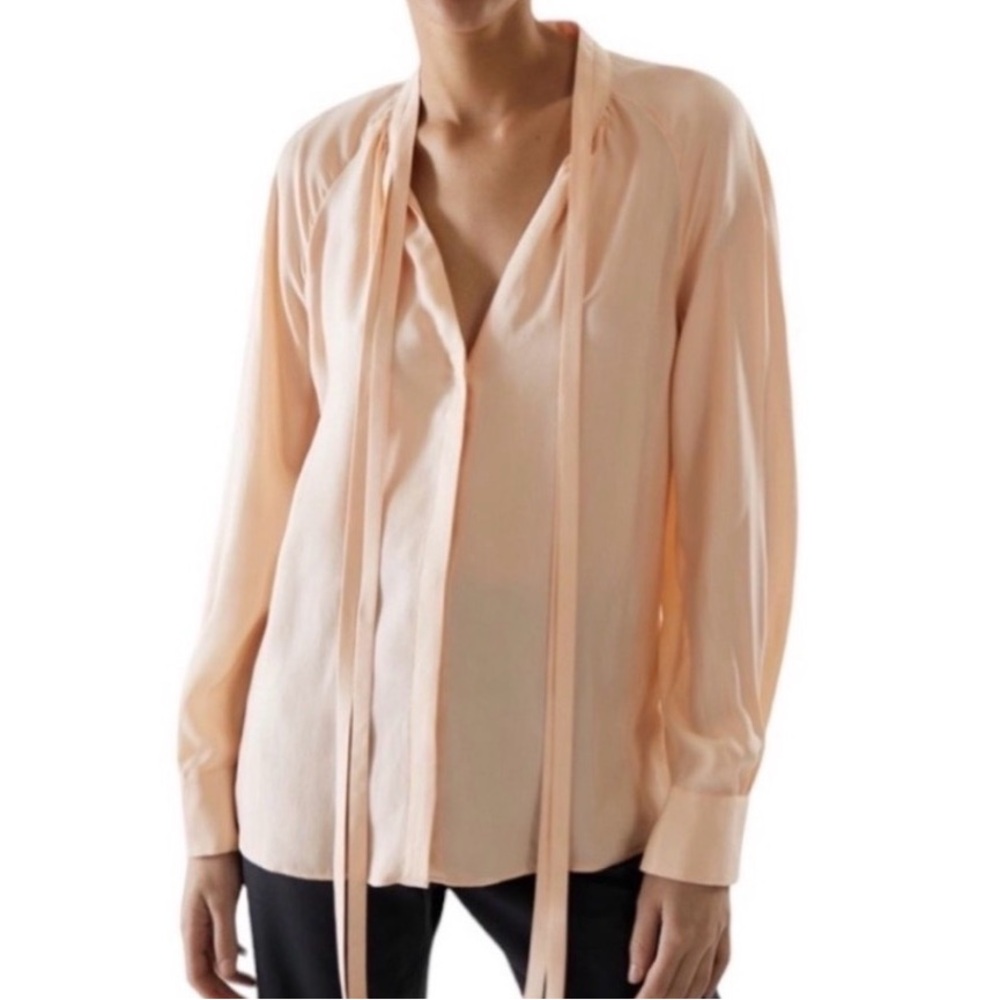 COS p bow, tie neck blouse in soft peach; size 6